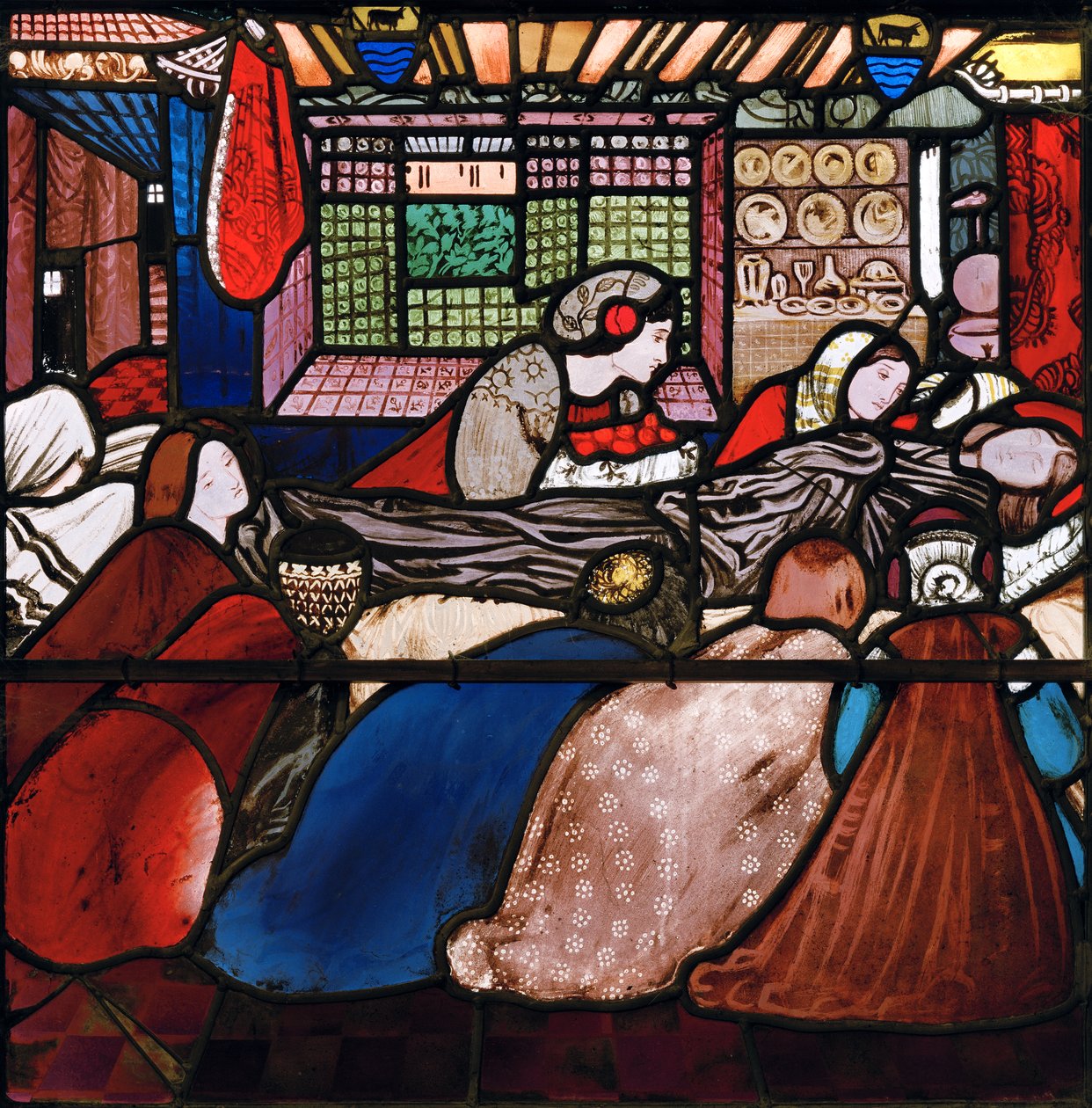 St Frideswides død, 1859 (farvet glas) af Edward Burne Jones