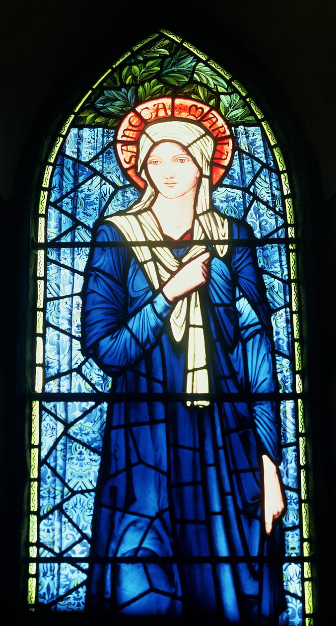 Detalje af Jomfru Maria farvet glas af Edward Burne Jones