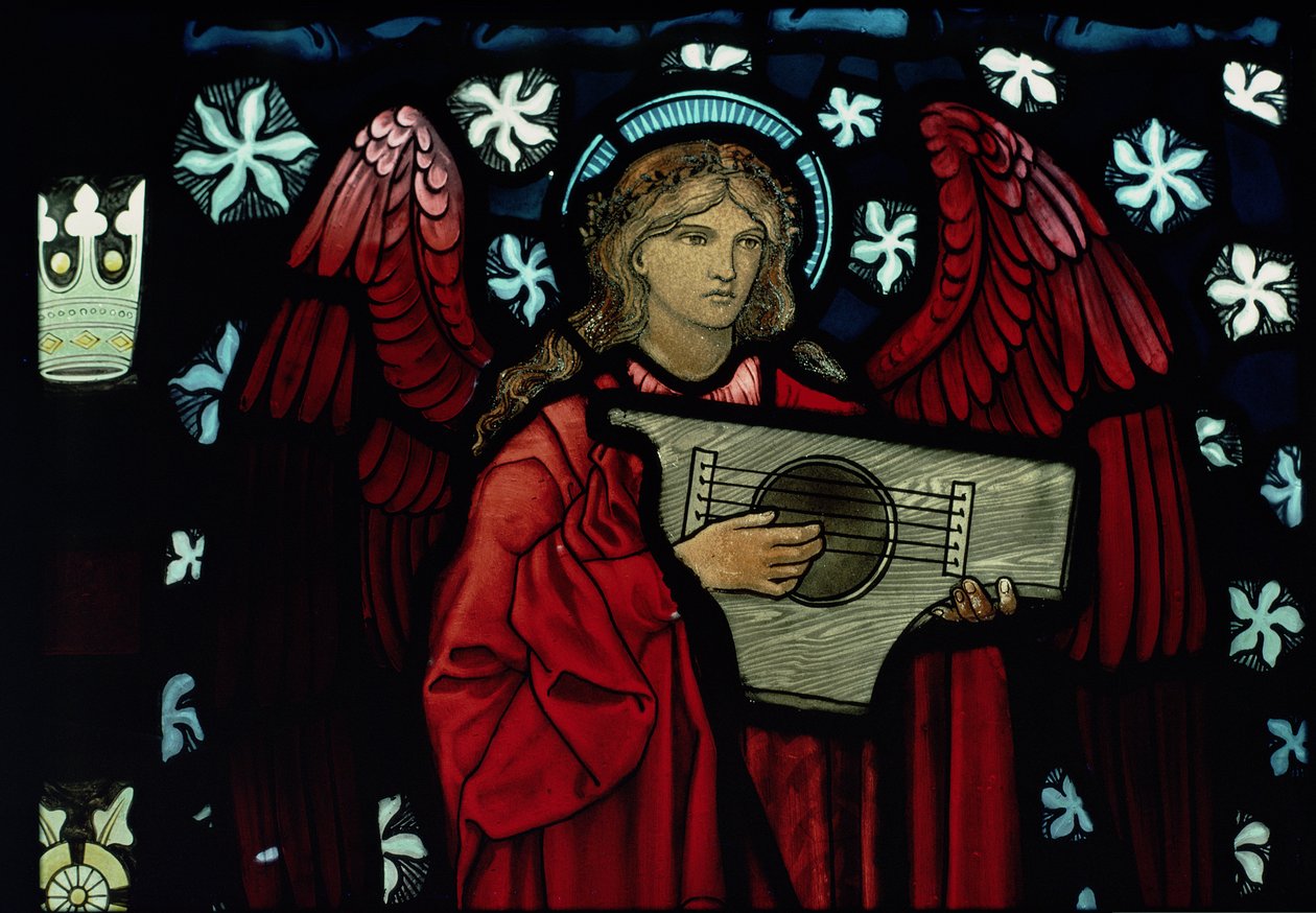Detalje af Angel Musician, lavet af William Morris og Co., 1882 farvet glas af Edward Burne Jones