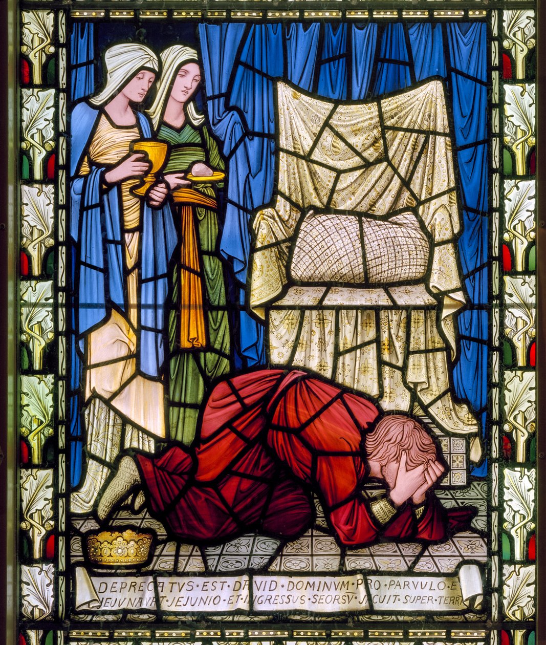 Kong David græder og beder for livet af sit syge barn, og accepterede derefter med fasthed barnets død, ca. 1896 (farvet glas) af Edward Burne Jones