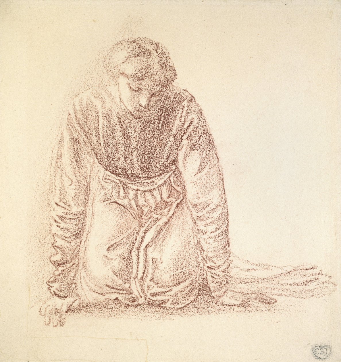 Kvindefigur på knæ (mørkerødt kridt på hvidt papir) af Edward Burne Jones