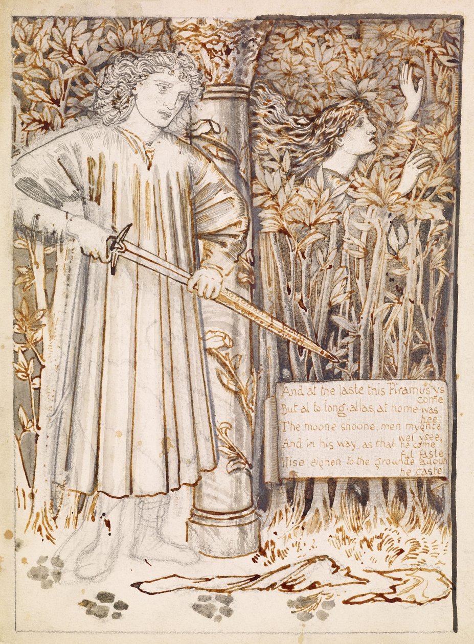 Pyramus og Thisbe - Pyramus trækker sit sværd for at dræbe sig selv, 1866 af Edward Burne Jones