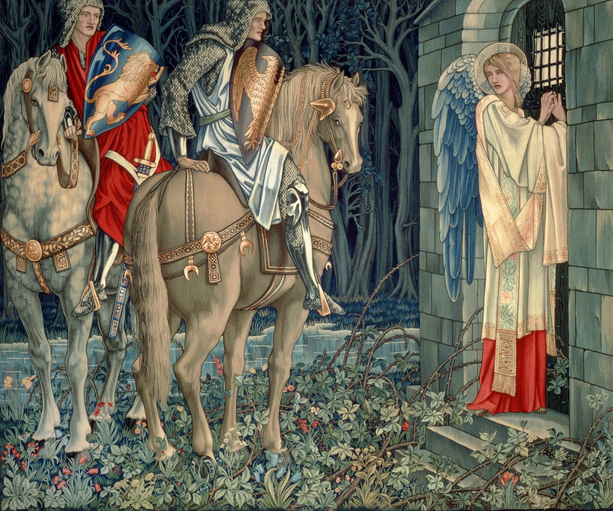 Quest for the Holy Grail Tapestries - Panel 3 - The Failure of Sir Gawaine; Sir Gawaine og Sir Uwaine ved det ødelagte kapel, 1895-96 af Edward Burne Jones