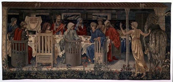 Quest for the Holy Grail Tapestries, Panel 1, Knights of the Round Table Indkaldt til Quest by the Strange Damsel, 1898-1899 af Edward Burne-Jones