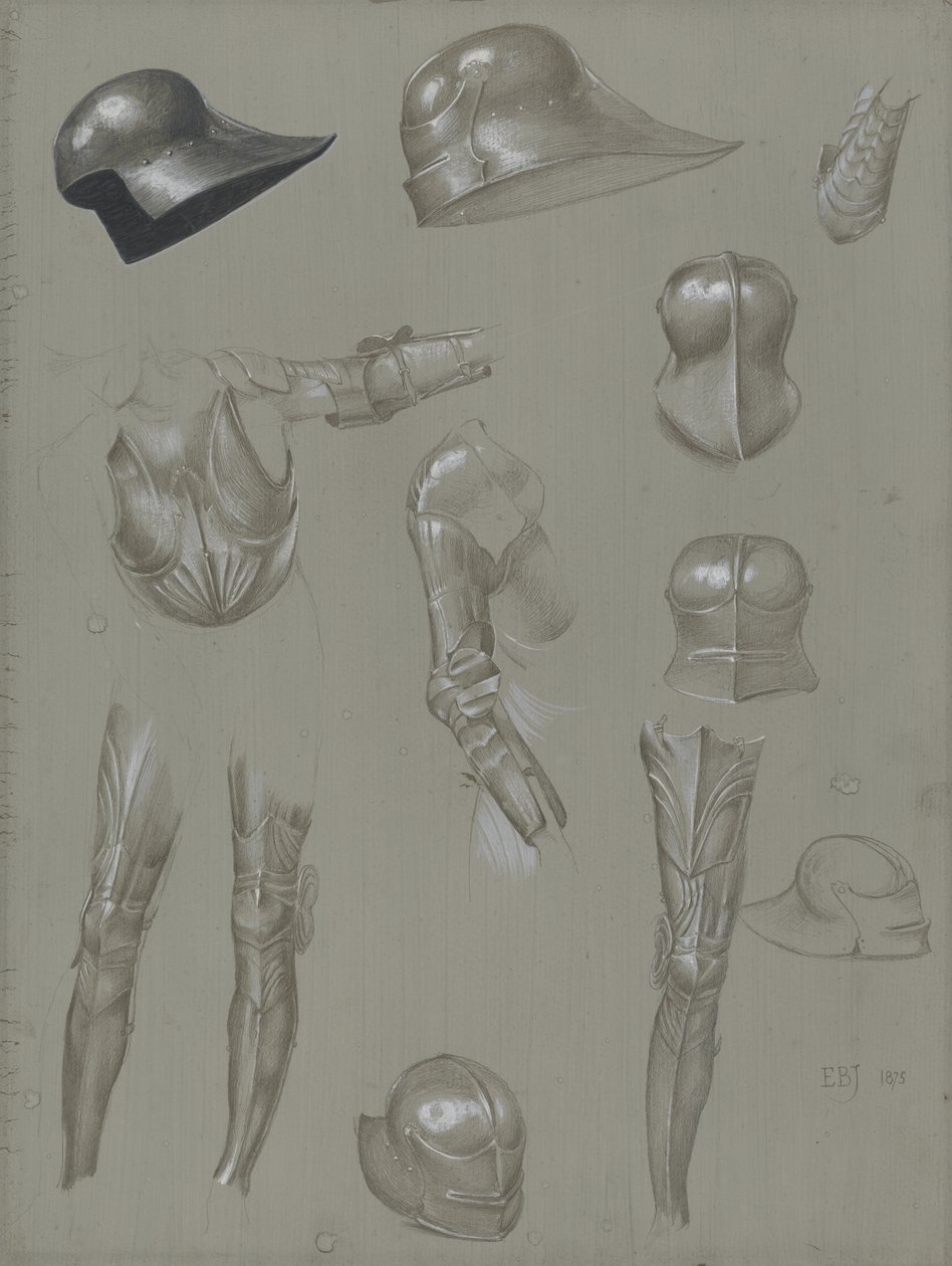 Studies of a Suit of Armour, 1875 (grafit, vask, wc og kropsfarve på papir) af Edward Burne Jones