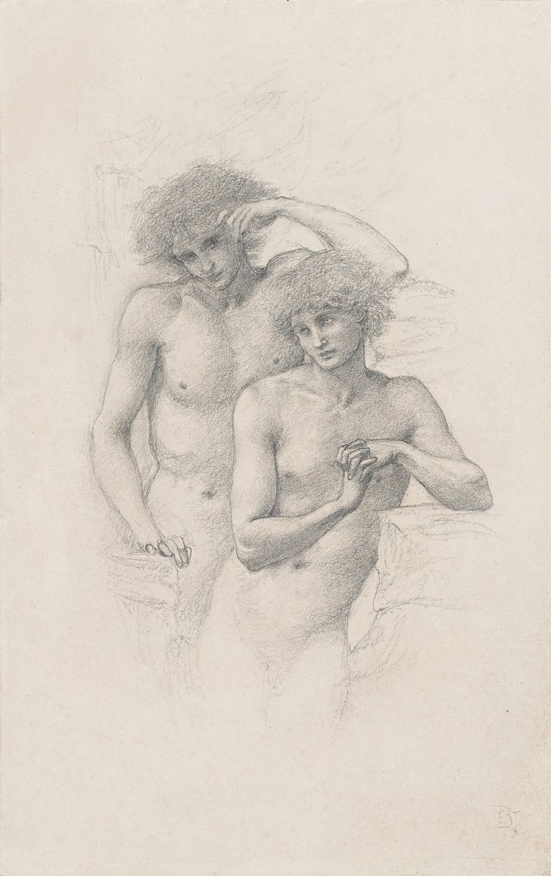Studie af to mandlige nøgenbilleder til "Arthur in Avalon", ca. 1885 af Edward Burne Jones