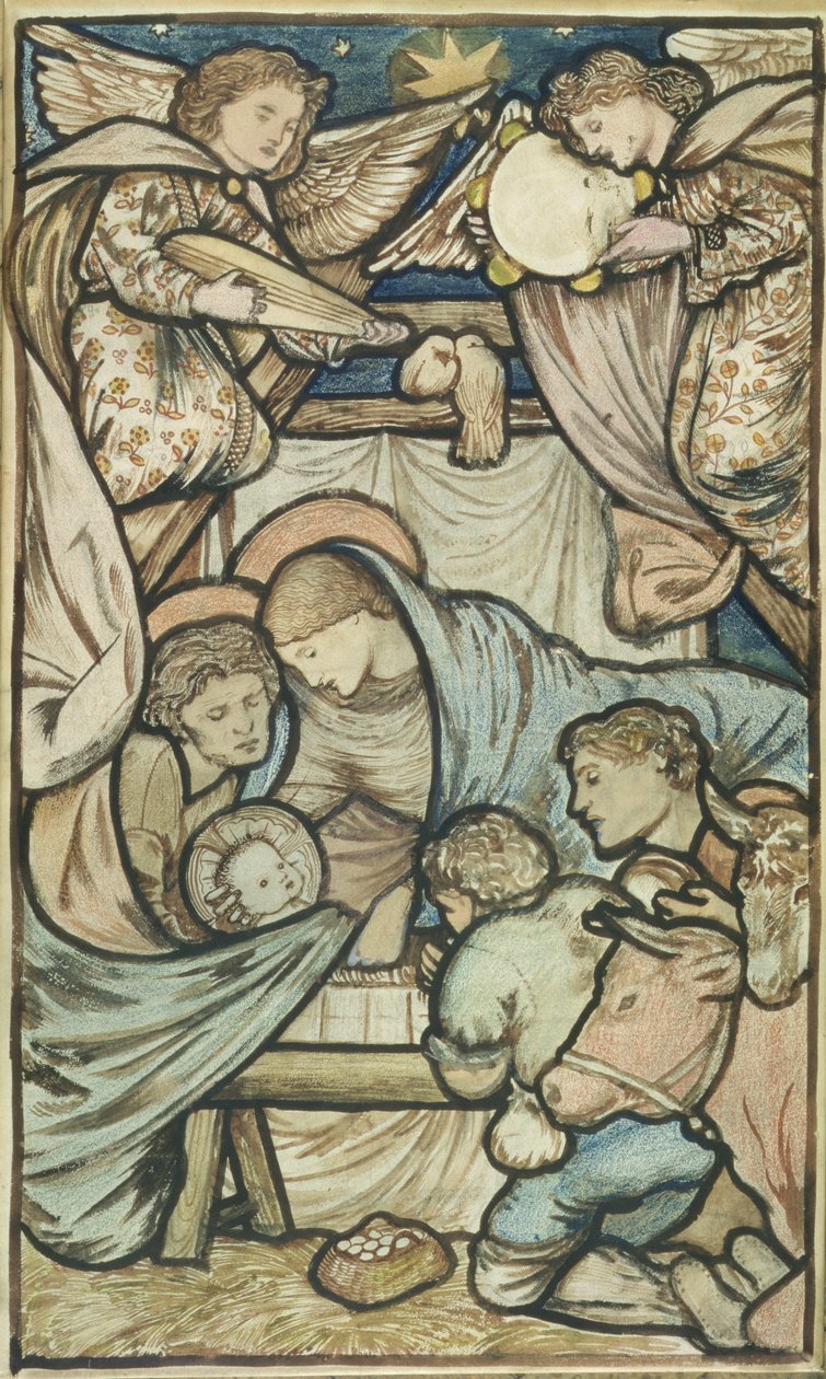 Fødselen (sepia og farvet kridt på papir) af Edward Burne Jones