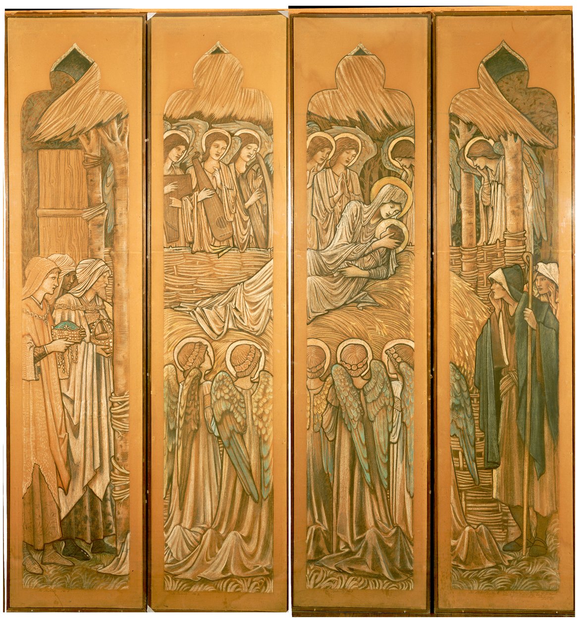 Fødselen, tegnefilm til glasmosaikvinduet i St. Deiniol, Hawarden, 1897 af Edward Burne Jones