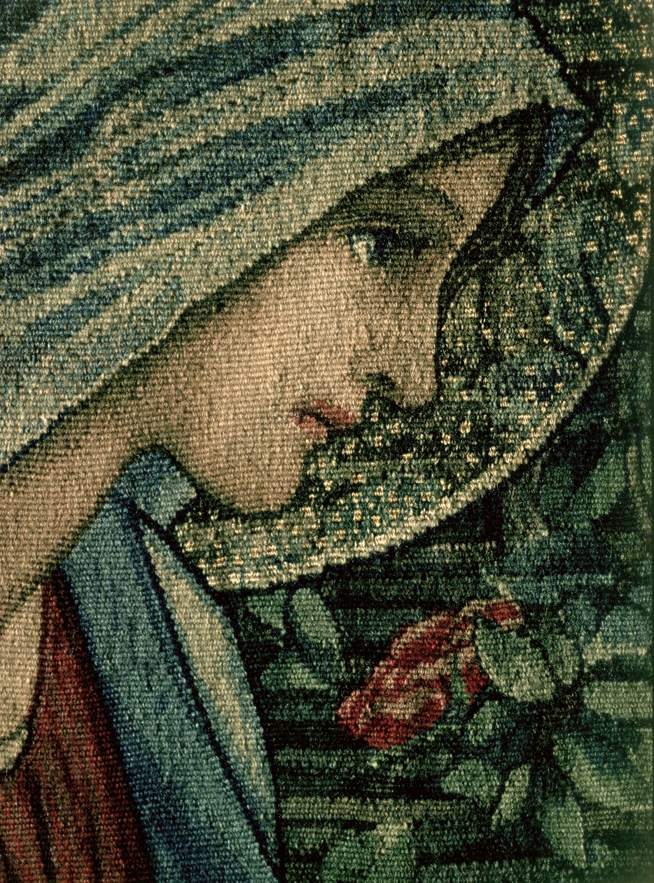 Jomfruernes ansigt, detalje fra The Adoration of the Magi, lavet af William Morris og Co. Merton Abbey håndvævet uldtæppedetalje af 74333 af Edward Burne Jones