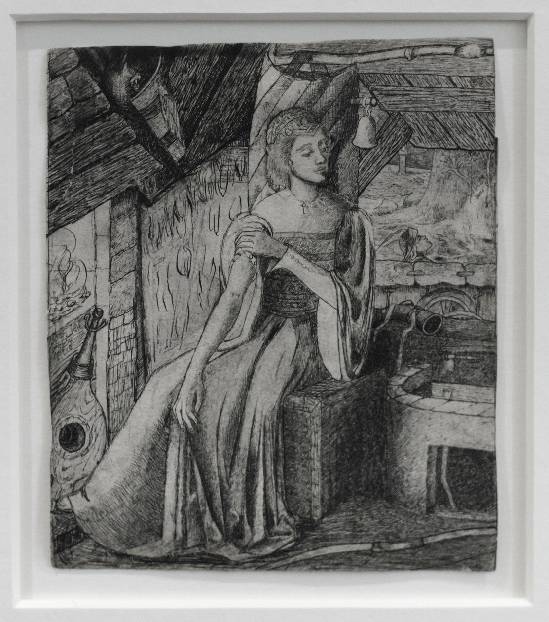 Uidentificeret motiv, muligvis Amors datter ved hans smedje, ca. 1857 (pen, blyant på papir) af Edward Coley Burne Jones