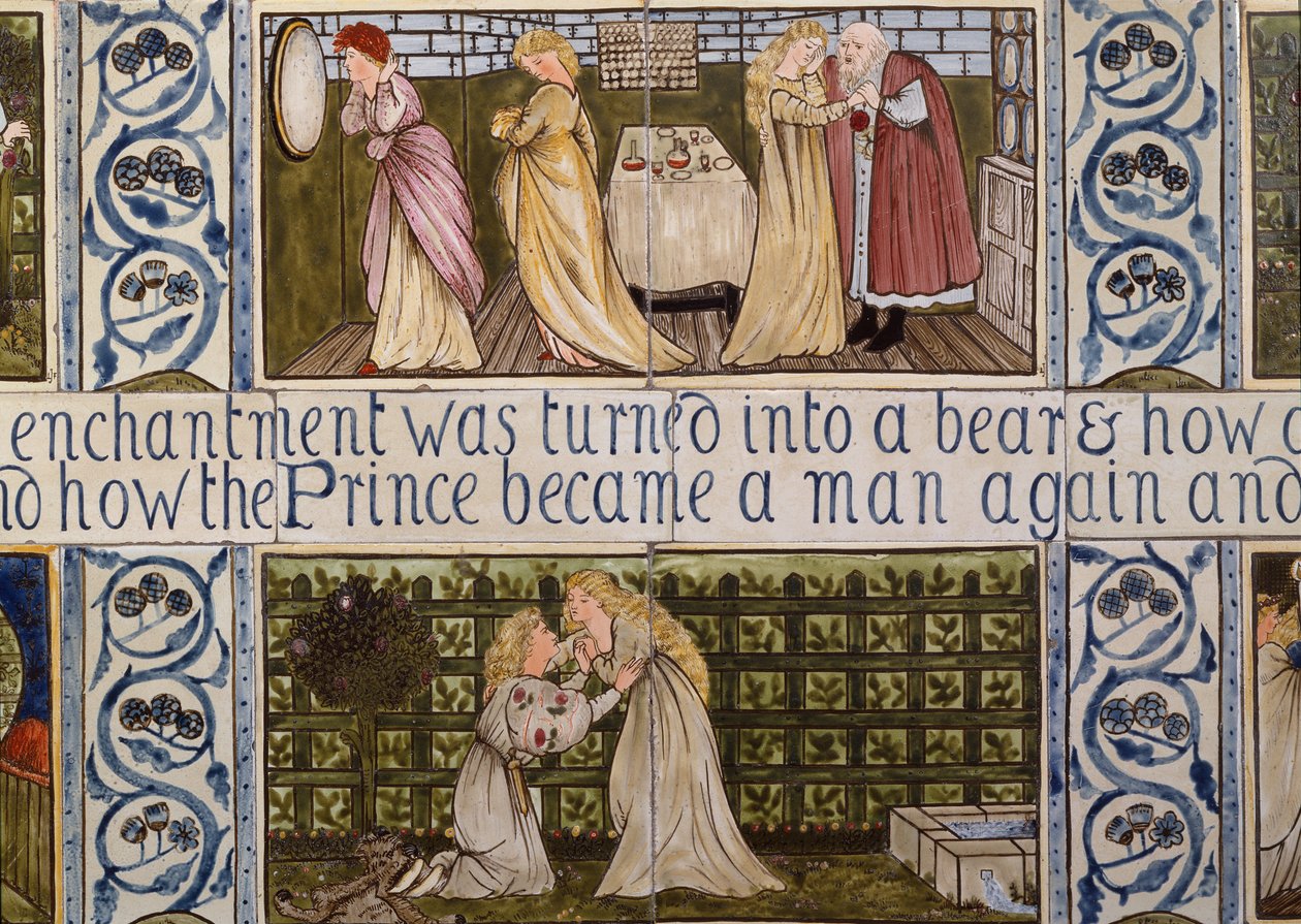 Panel af fliser, der viser historien om Skønheden og Udyret fra Birket Fosters hus i Witley, Surrey, ca. 1862 (keramik) af Edward Coley & Morris William (1834-96) Burne-Jones