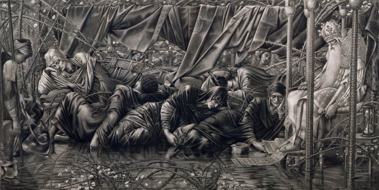 The Legend of the Briar Rose: The Council Room, pub. af Thomas Agnew & Sons, 1890 (fotogravure) af Edward Coley after Burne Jones