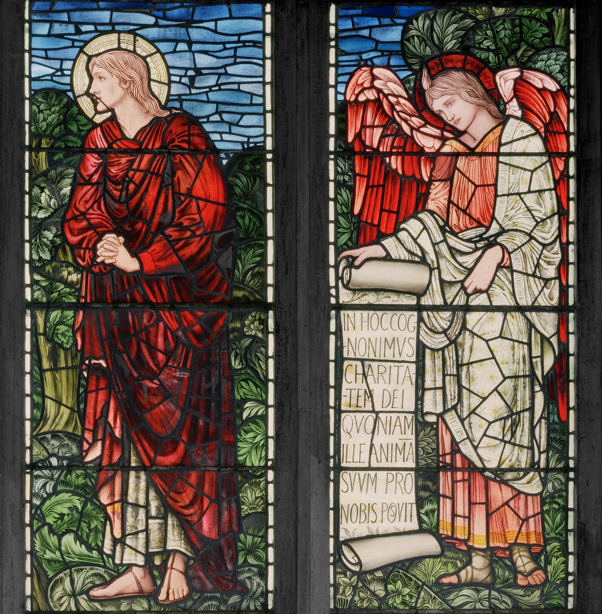 Birmingham, Acocks Green, St Mary The Virgin, Morris & Co., Edward Burne-Jones, John Henry Dearle (1859-1932), St John & Angel with Scroll, 1895 af Edward Coley and Dearle Burne Jones