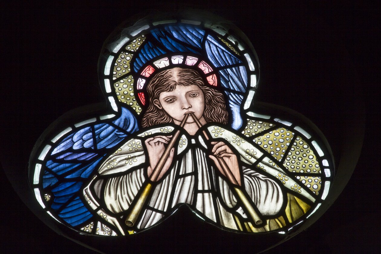 Wilden, All Saints, Morris & Co., Edward Burne-Jones, John Henry Dearle (1859-1932), Engle blæser i dobbeltrør, Angel Musicians, 1902-1914, Louisa, Alfred, Baldwins, premierminister, metodist, W af Edward Coley and Dearle Burne Jones