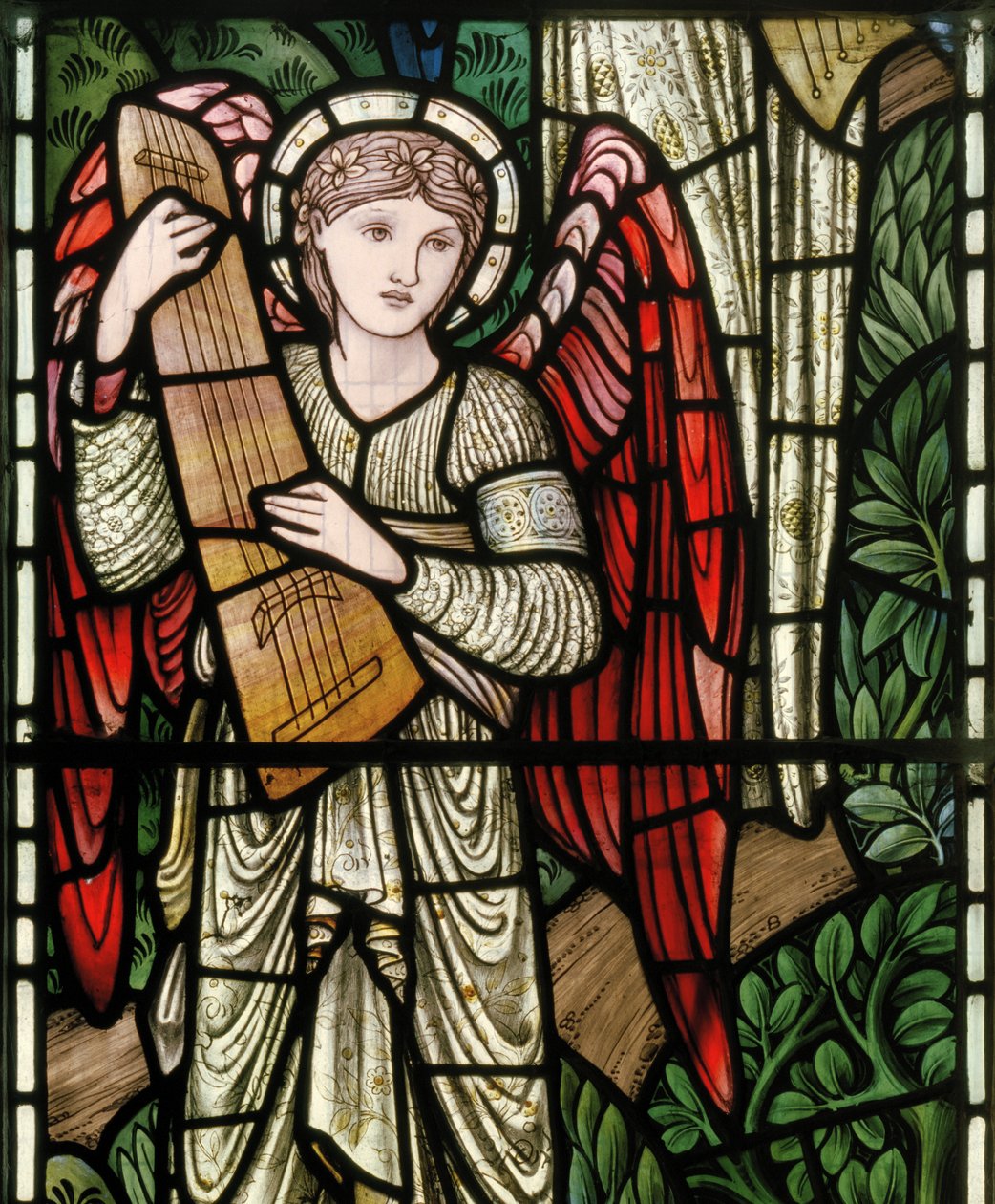Wilden, All Saints, Morris & Co., Edward Burne-Jones, John Henry Dearle (1859-1932), Paradisets engle, Englemusikanter, detalje, 1902-1914, Louisa, Alfred, The Baldwins, premierminister, metodist, Wo af Edward Coley and Dearle Burne Jones