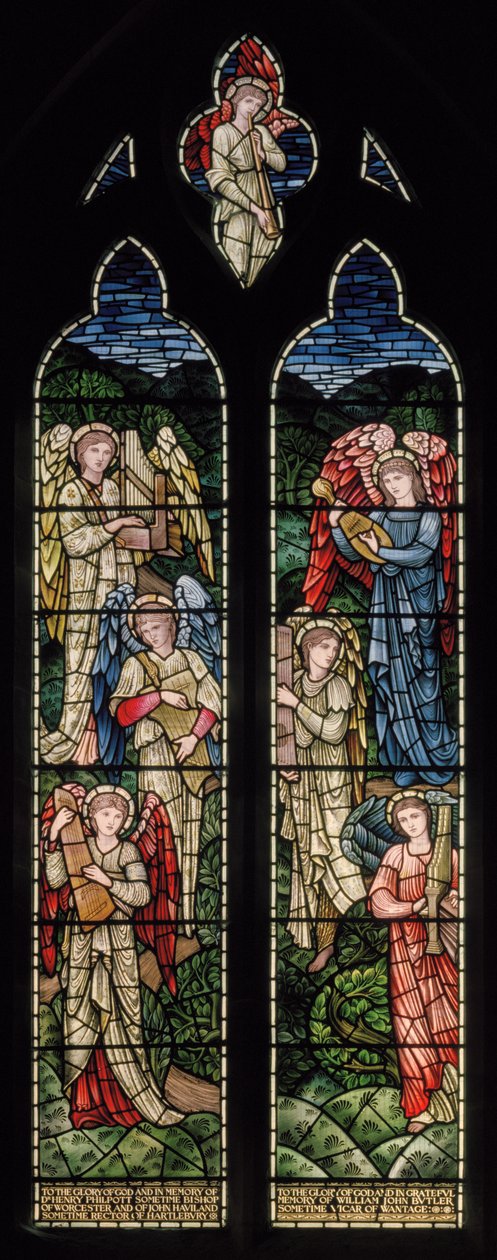 Wilden, All Saints, Morris & Co., Edward Burne-Jones, John Henry Dearle (1859-1932), Engle i paradiset, Englemusikere, 1902-1914, Louisa, Alfred, The Baldwins, premierminister, metodist, Worcesters af Edward Coley and Dearle Burne Jones