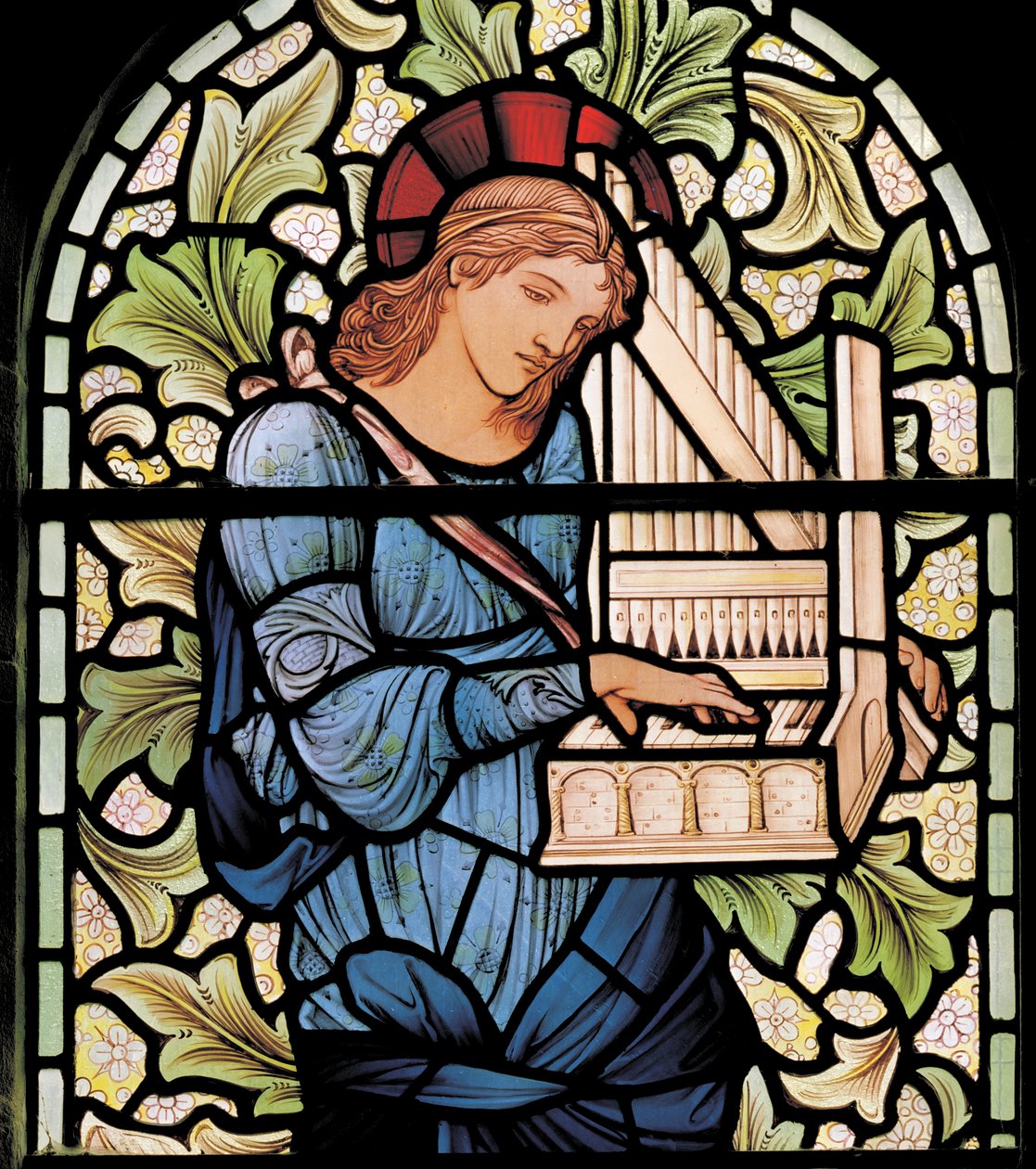 Wilden, All Saints, Morris & Co., Edward Burne-Jones, John Henry Dearle (1859-1932), St. Cecilia, detalje, 1902, Louisa, Alfred, The Baldwins, premierminister, metodist, Worcestershire, Arts & Crafts, R af Edward Coley and Dearle Burne Jones