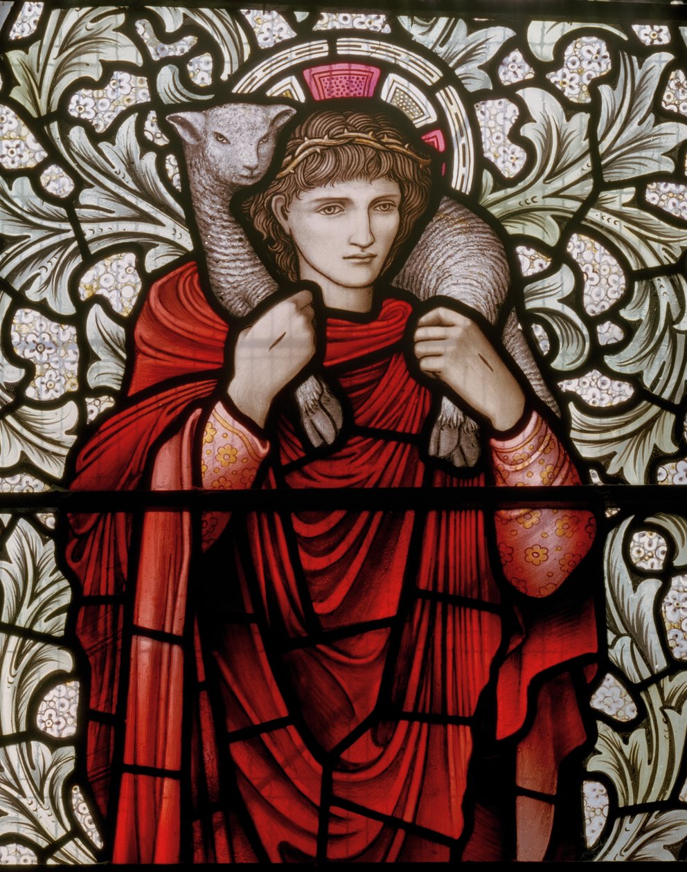 Wilden, All Saints, Morris & Co., Edward Burne-Jones, John Henry Dearle (1859-1932), The Good Shepherd, detalje, 1904, Louisa, Alfred, The Baldwins, Premierminister, Methodist, Worcestershire, Arts & Cr af Edward Coley and Dearle Burne Jones