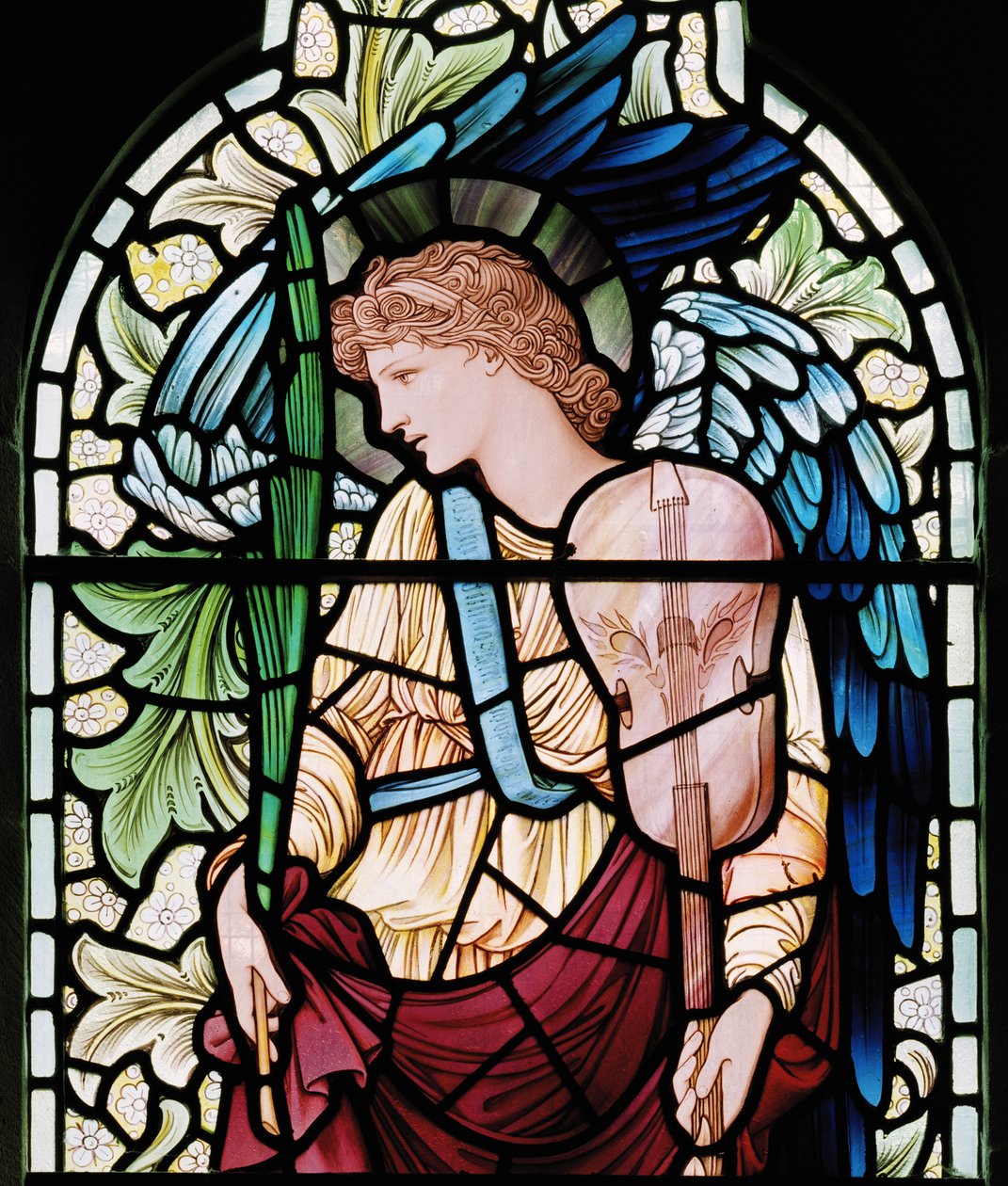 Wilden, All Saints, Morris & Co., Edward Burne-Jones, John Henry Dearle (1859-1932), The Minstrel Angel, Angel Musician, detalje, 1902-1914, Louisa, Alfred, The Baldwins, Premierminister, Methodist, Wor af Edward Coley and Dearle Burne Jones