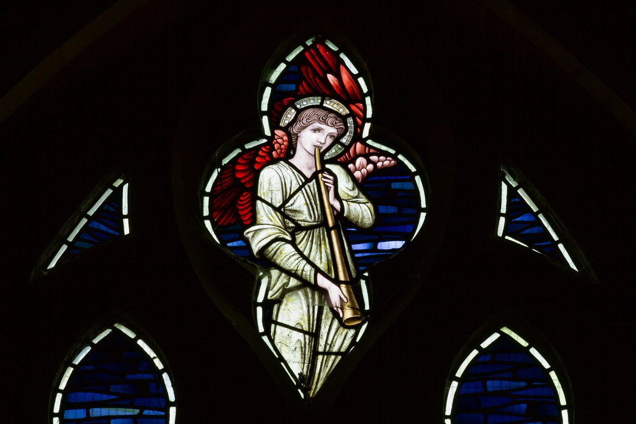 Wilden, All Saints, Morris & Co., Edward Burne-Jones, John Henry Dearle (1859-1932), Tracery Angel, Angel Musicians, 1902-1914, Louisa, Alfred, The Baldwins, premierminister, metodist, Worcestershire, af Edward Coley and Dearle Burne Jones