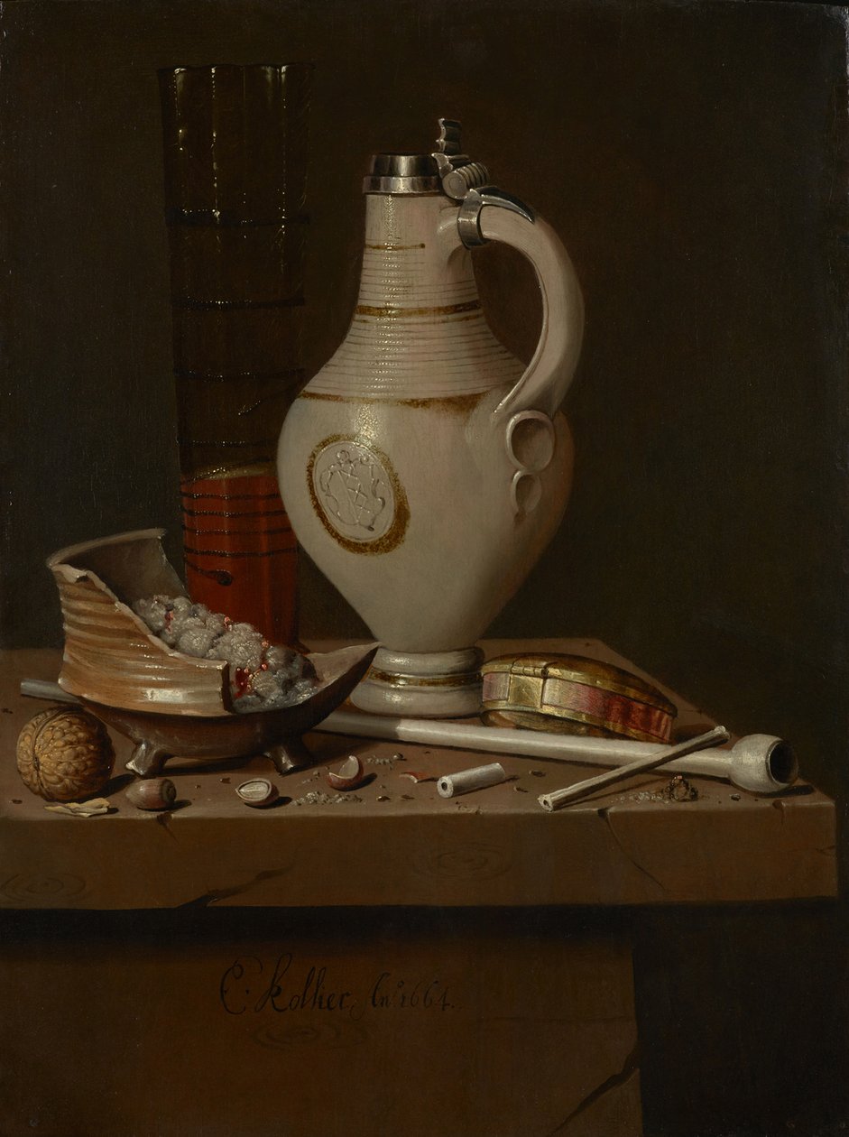 Stilleben med rygeredskaber og ølkrus, 1664 af Edward Collier