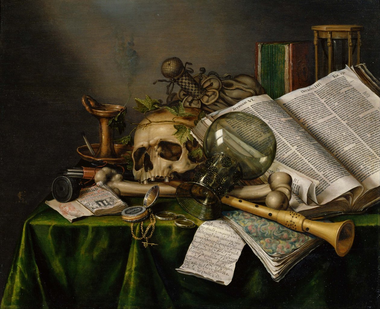 Vanitas. Stilleben med bøger, manuskripter og et kranium af Edward Collier