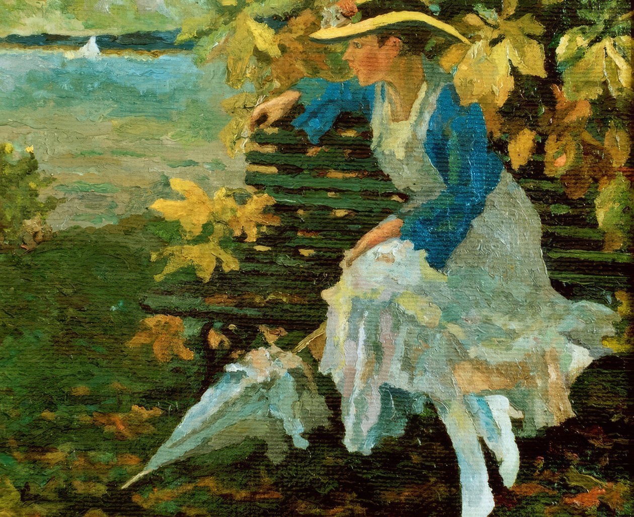 Kvinde på en parkbænk ved en sø af Edward Cucuel