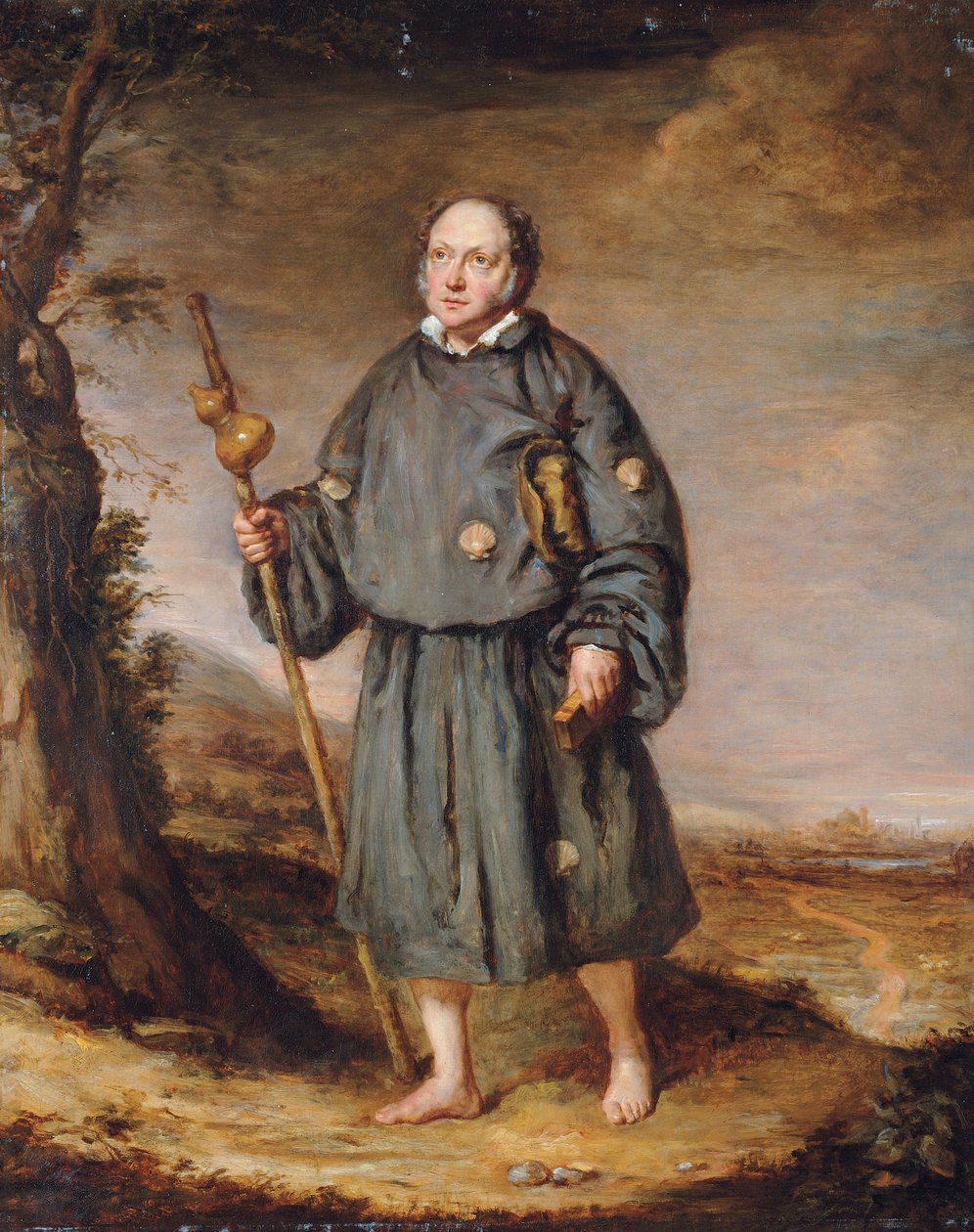 Portræt af en herre som pilgrim på et spor, der holder en stav med en græskar og en bibel, 1836 af Edward Daniel Leahy