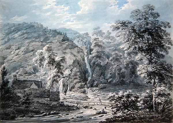 Et vandfald ved Corwen, North Wales (akvarel på papir) af Edward Dayes
