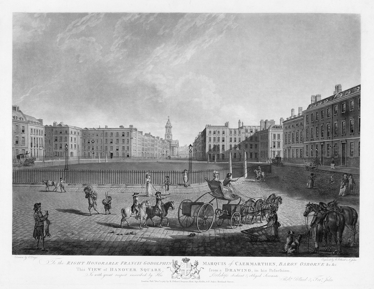 Hanover Square, fra et sæt af fire udsigter over Londons pladser, indgraveret af Robert Pollard (1755-1838) og Francis Jukes (1747-1812) 1781 (ætsning og aquatint) af Edward Dayes