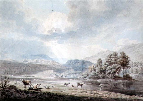 Lake between Hills (pen & blæk, akvarel og vask på papir) af Edward Dayes