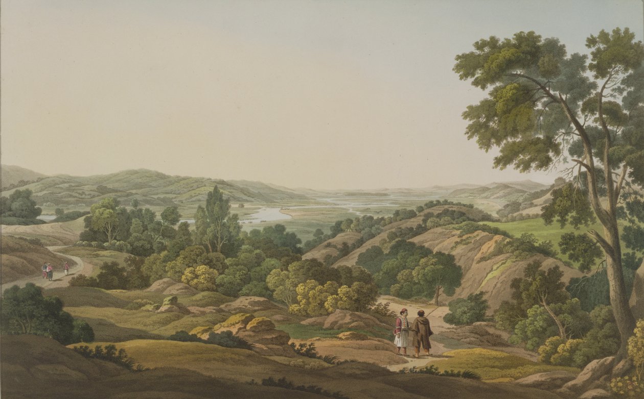 Olympias slette, planche 6 fra del 1 af "Views in Greece", graveret af J. Bailey, 1820 (akvatint) af Edward Dodwell