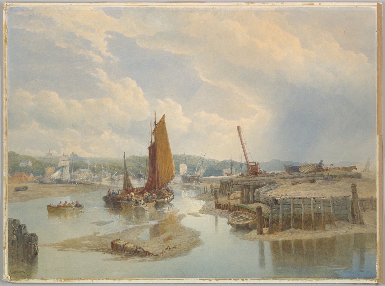 En by ved en flodmunding ved lavvande af Edward Duncan