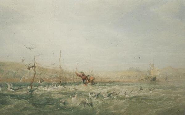 Fiskere, der jager måger fra nettene, Mumbles, South Wales af Edward Duncan