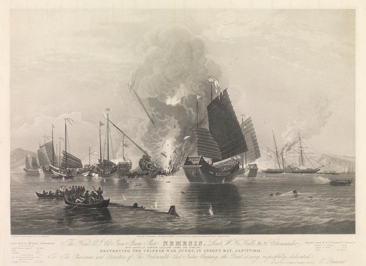 The Hon. E.I. Co. Iron Steam Ship Nemesis, ... med bådene Sulphur, Calliope, Larne og Starling, ødelægger de kinesiske krigsdunke i Anson