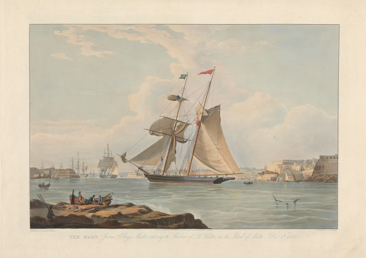 Mary, Joshua Collings, kaptajn, på vej ind i havnen i La Valletta på øen Malta, 5. dec. 1835 af Edward Duncan