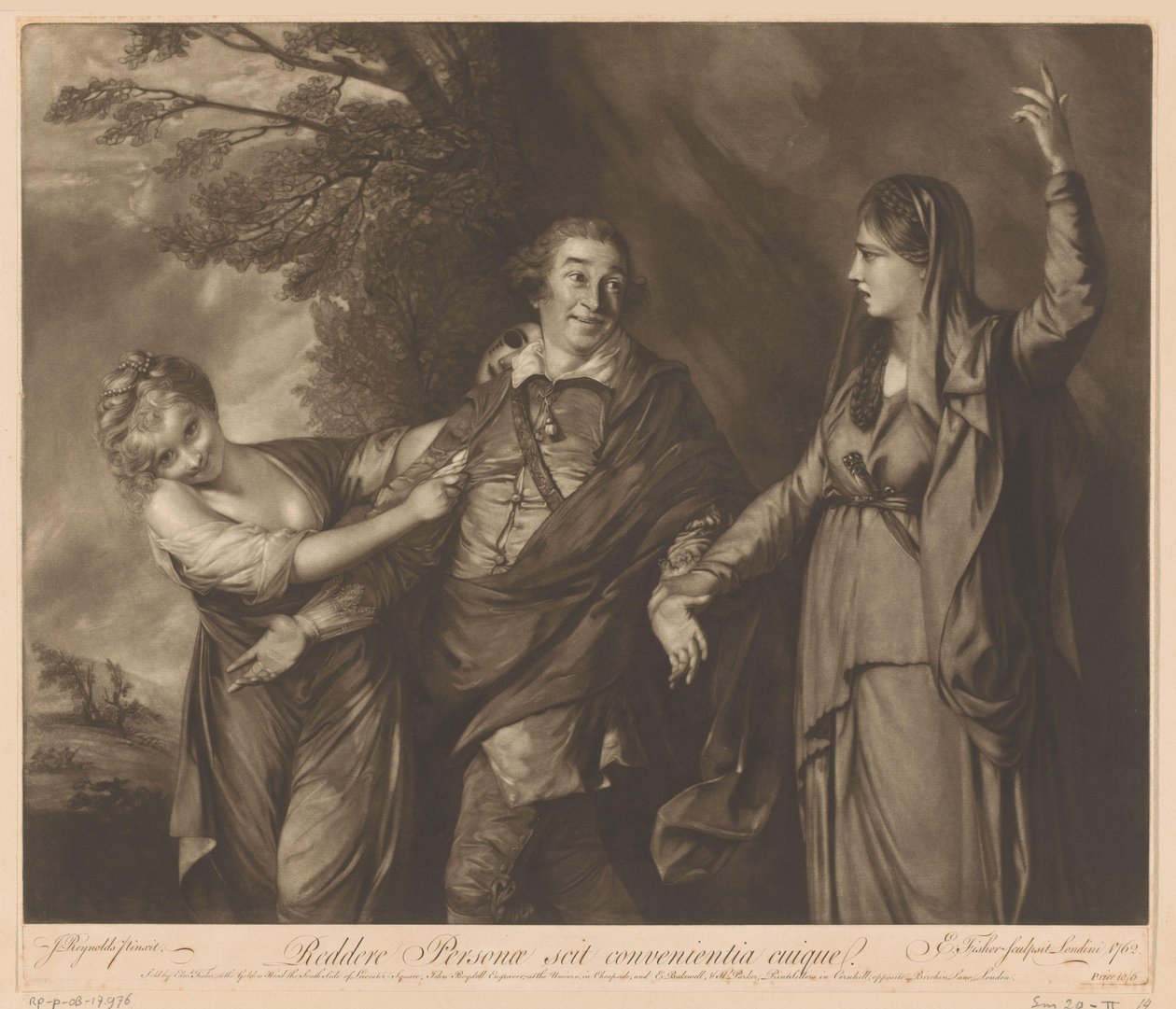 Portræt af David Garrick mellem komedie og tragedie af Edward Fisher