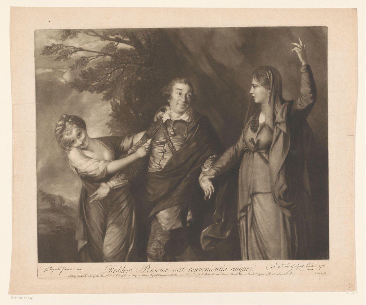 Portret af David Garrick mellem personifikationer af komedie og tragedie For at returnere kender Personen egnetheden af ​​hver (titel på objekt) af Edward Fisher