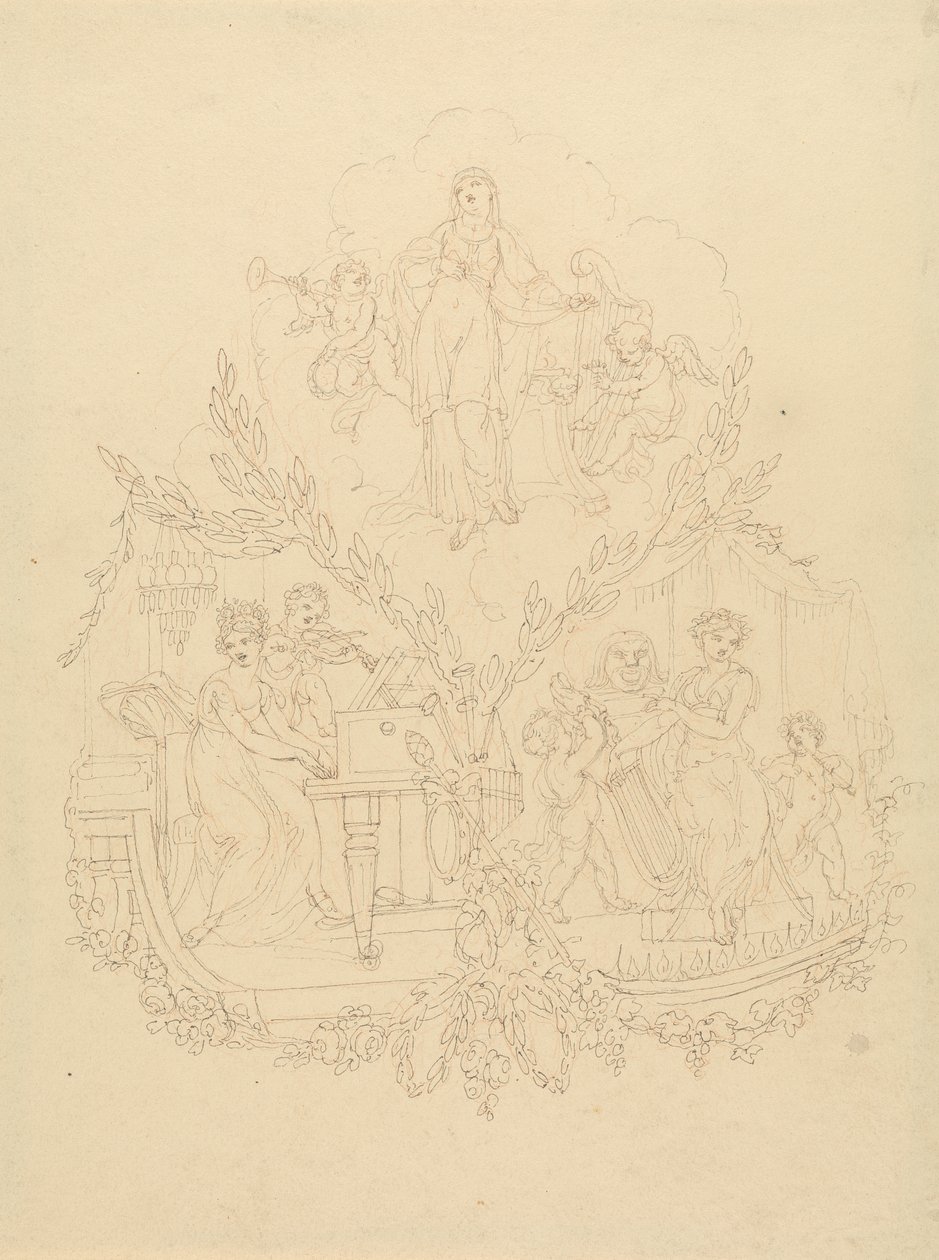 Kvindelige figurer og Putti spiller musikinstrumenter af Edward Francis Burney