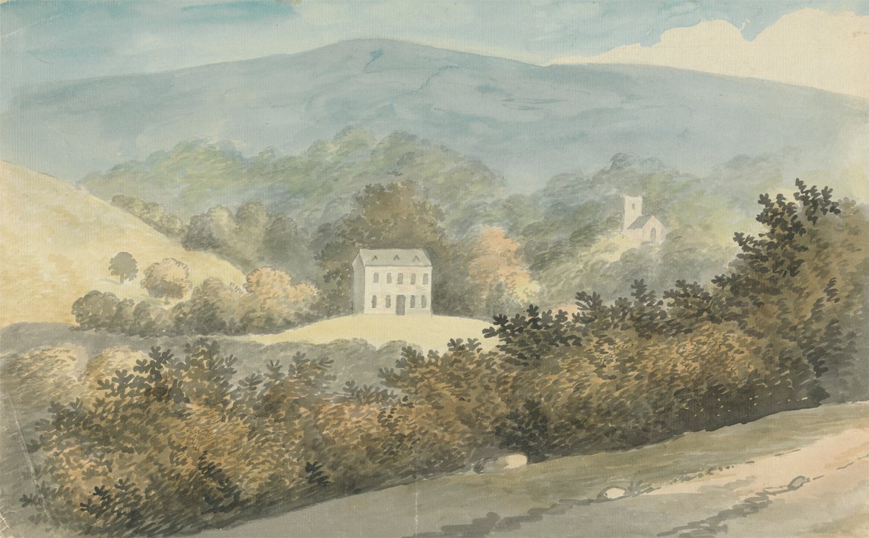 Bakket landskab med hus af Edward Francis Burney