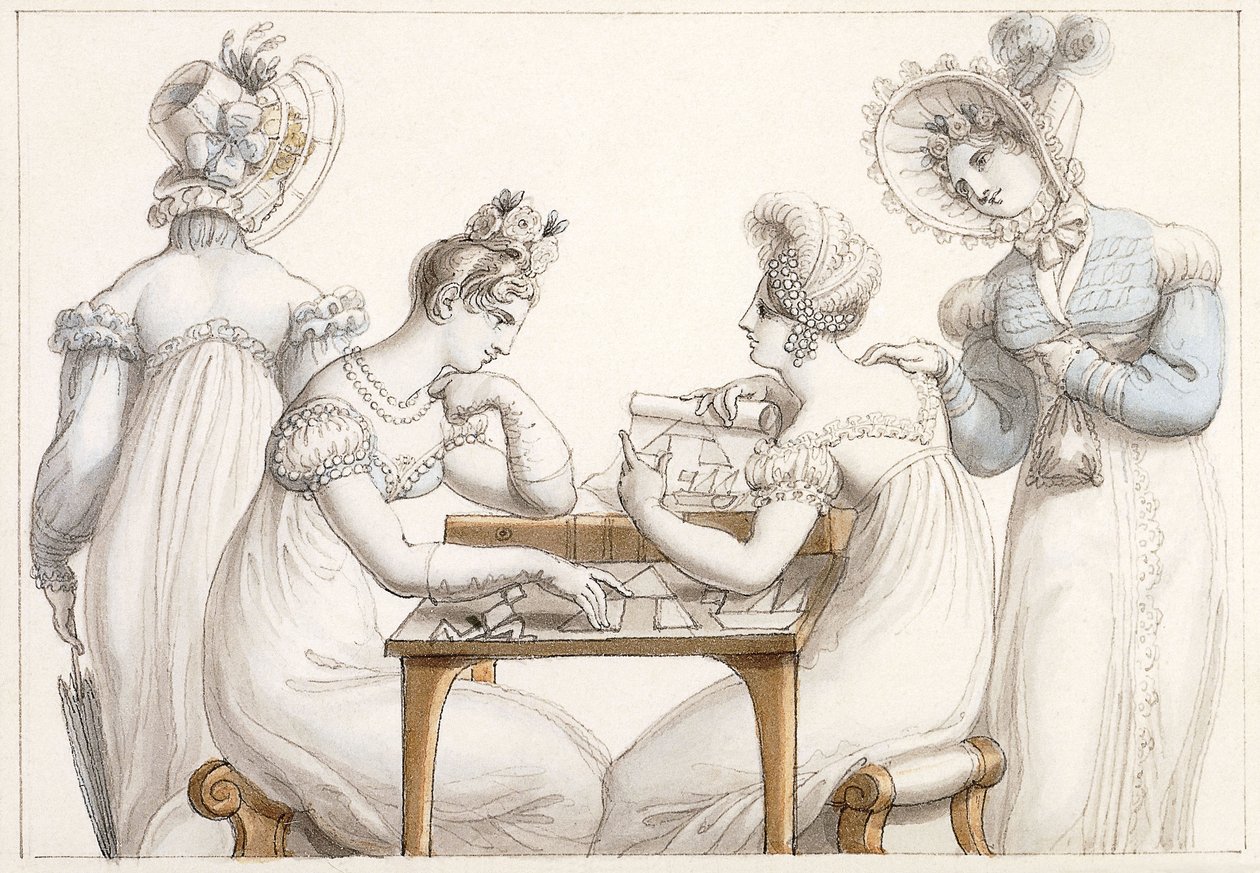 Damer, der klipper silhuetter ud: og damer, der snakker i et interiør, af Edward Francis Burney