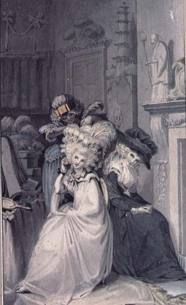 Dame ved sit toilet (tegning) af Edward Francis Burney