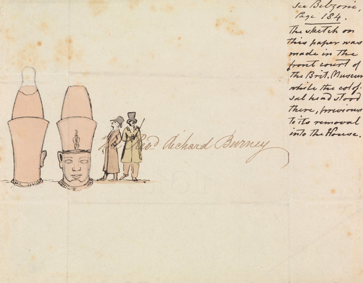 Brev til pastor Richard Burney med tegning af Colossal Head fra British Museum Courtyard af Edward Francis Burney
