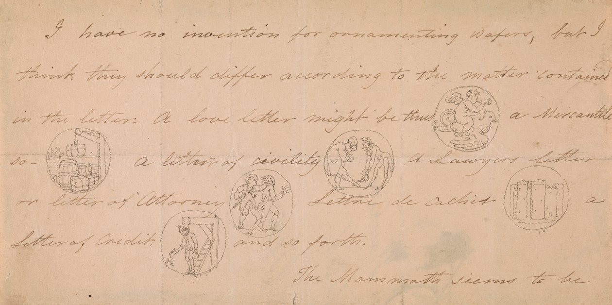 Brev med design til signeter (?) af Edward Francis Burney