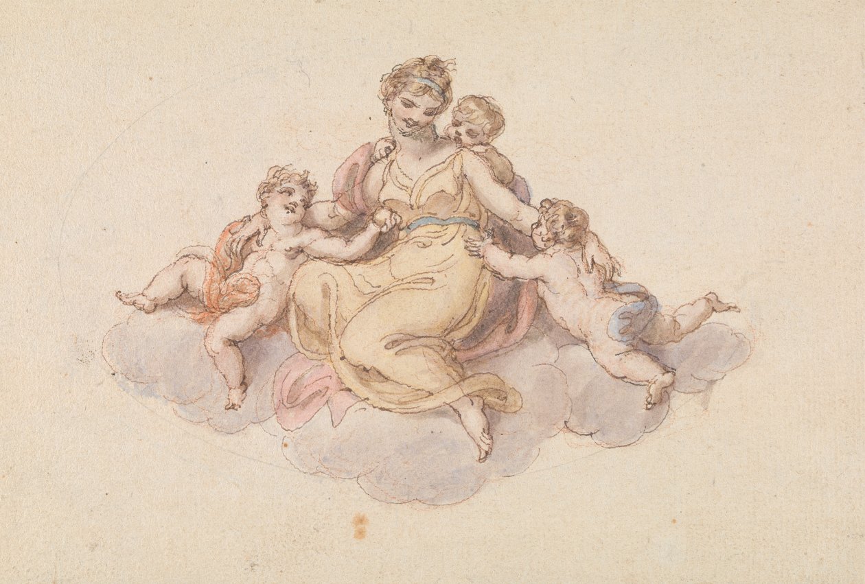 Mor og børn sidder på skyen af Edward Francis Burney