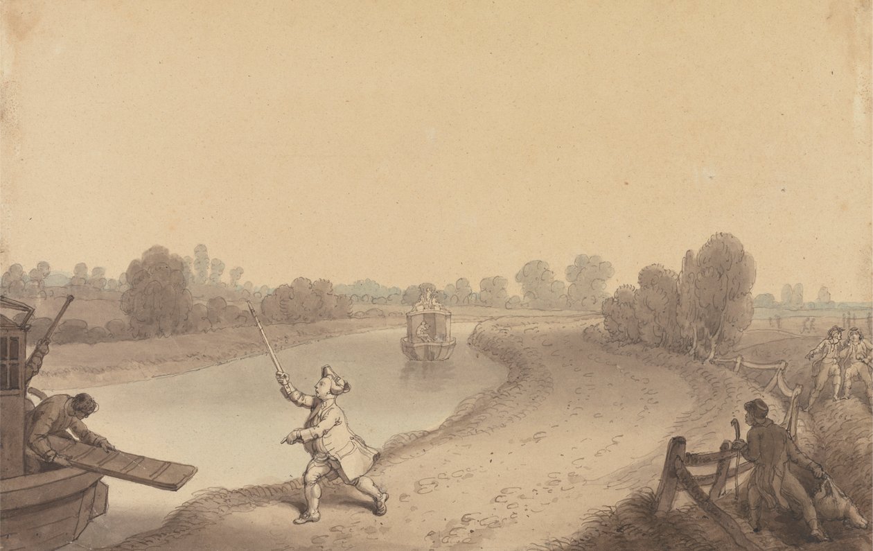 Paddington Canal: Junction ved Wormwood Scrubs, med en passager, der hilste Uxbridge Passage Boat af Edward Francis Burney