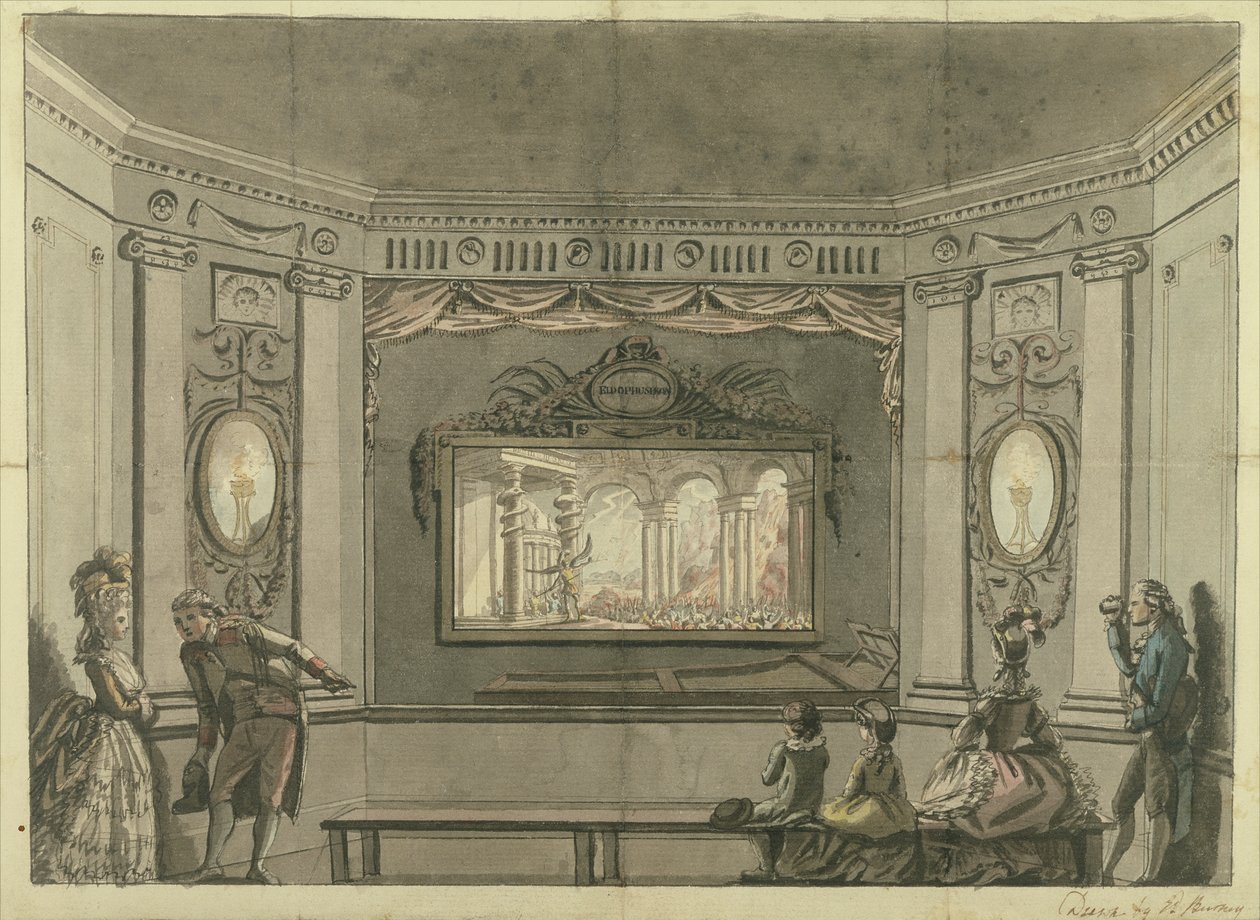 Maleri af de Loutherbourgs Eido Phusikon, der viser Satan, der vækker de oprørske engle af Edward Francis Burney