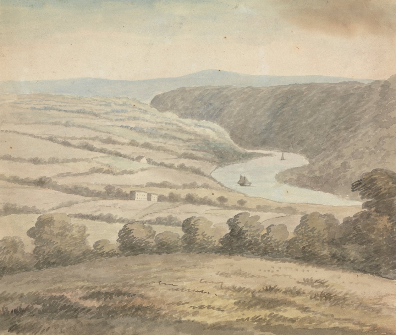 Flodlandskab med både af Edward Francis Burney