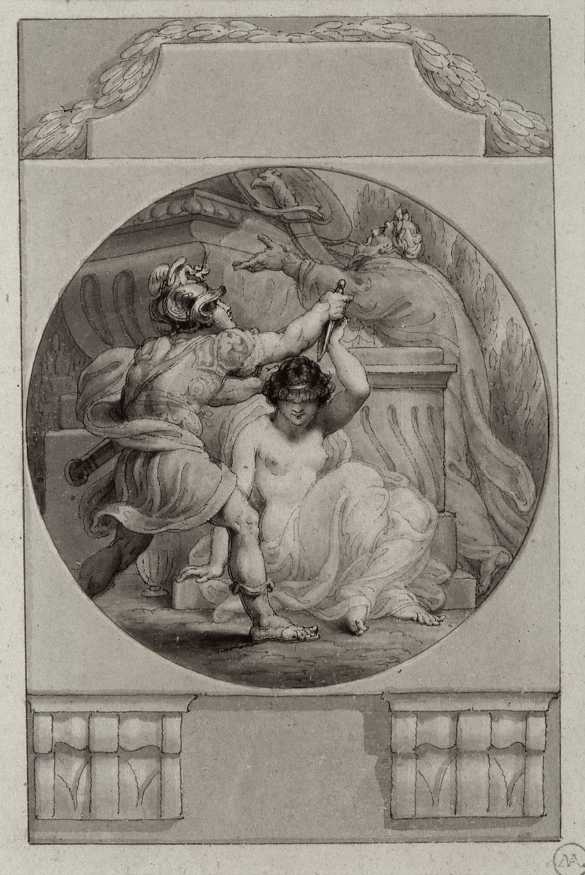 Kriger ofrer en ung kvinde (tegning) af Edward Francis Burney