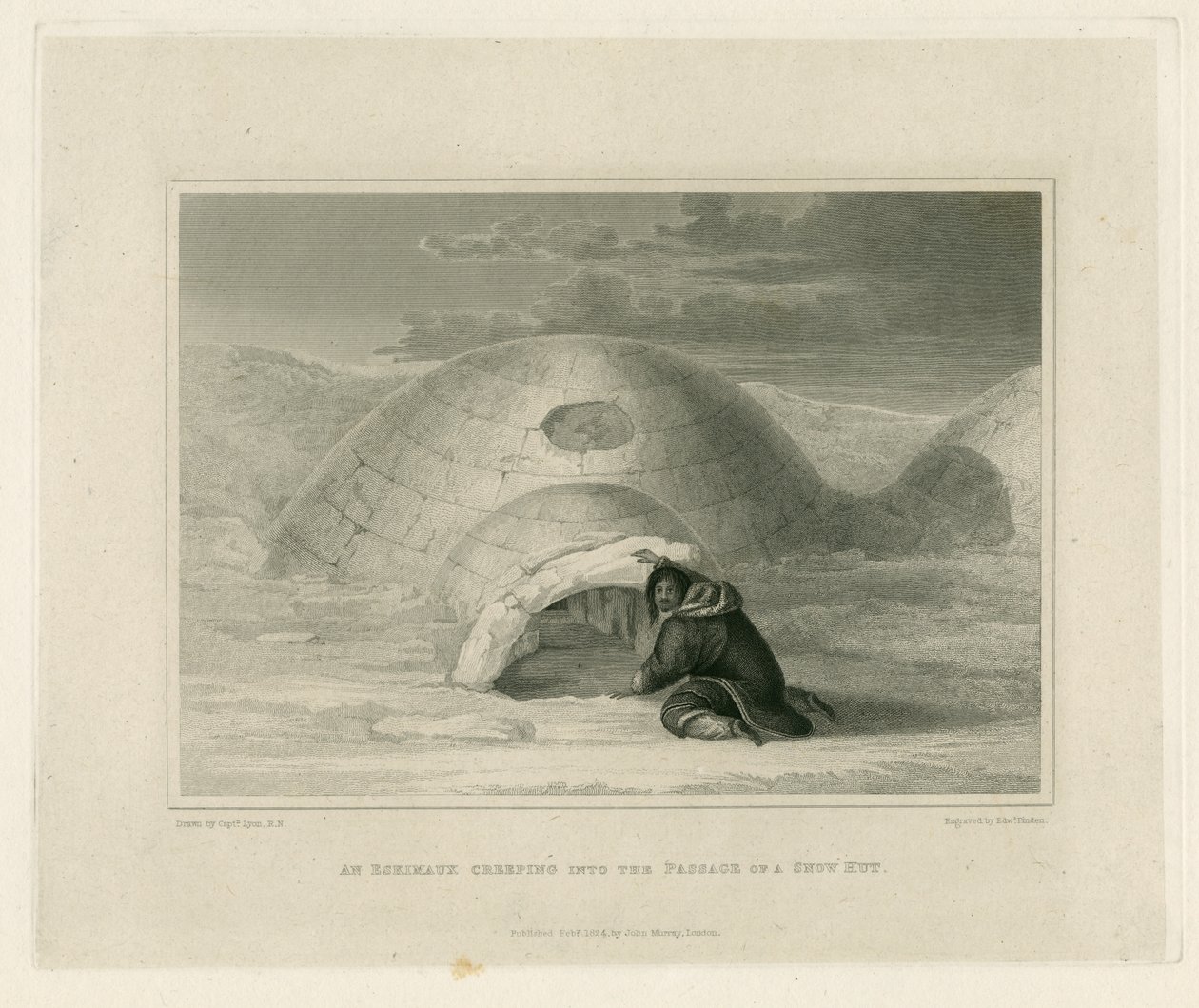 En Eskimaux, der kryber ind i passagen af en snehytte af Edward Francis Finden